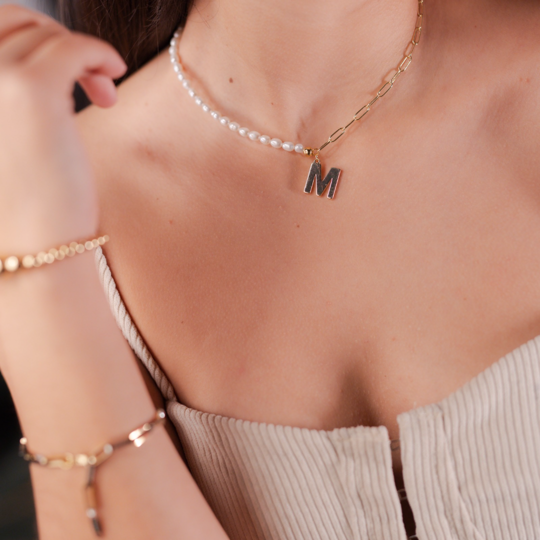Half Pearl Half Paper Clip Initial Necklace