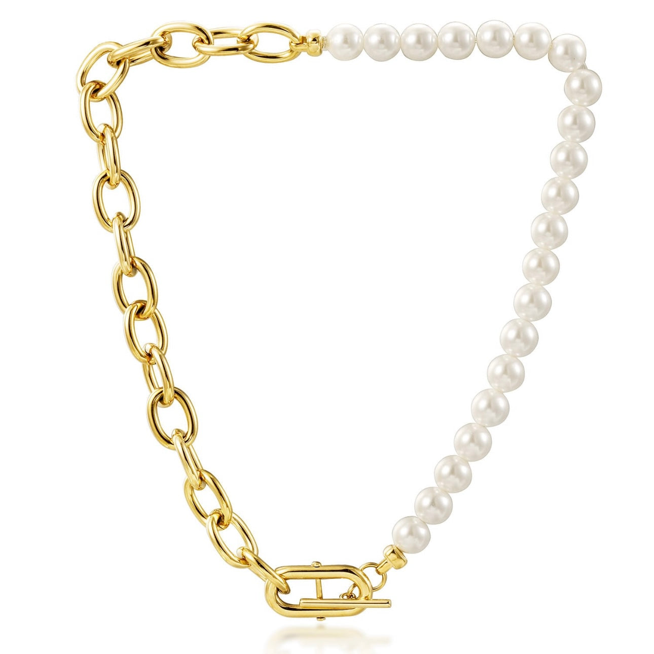 Chunky Stainless Steel Pearl & Gold Chain Necklace