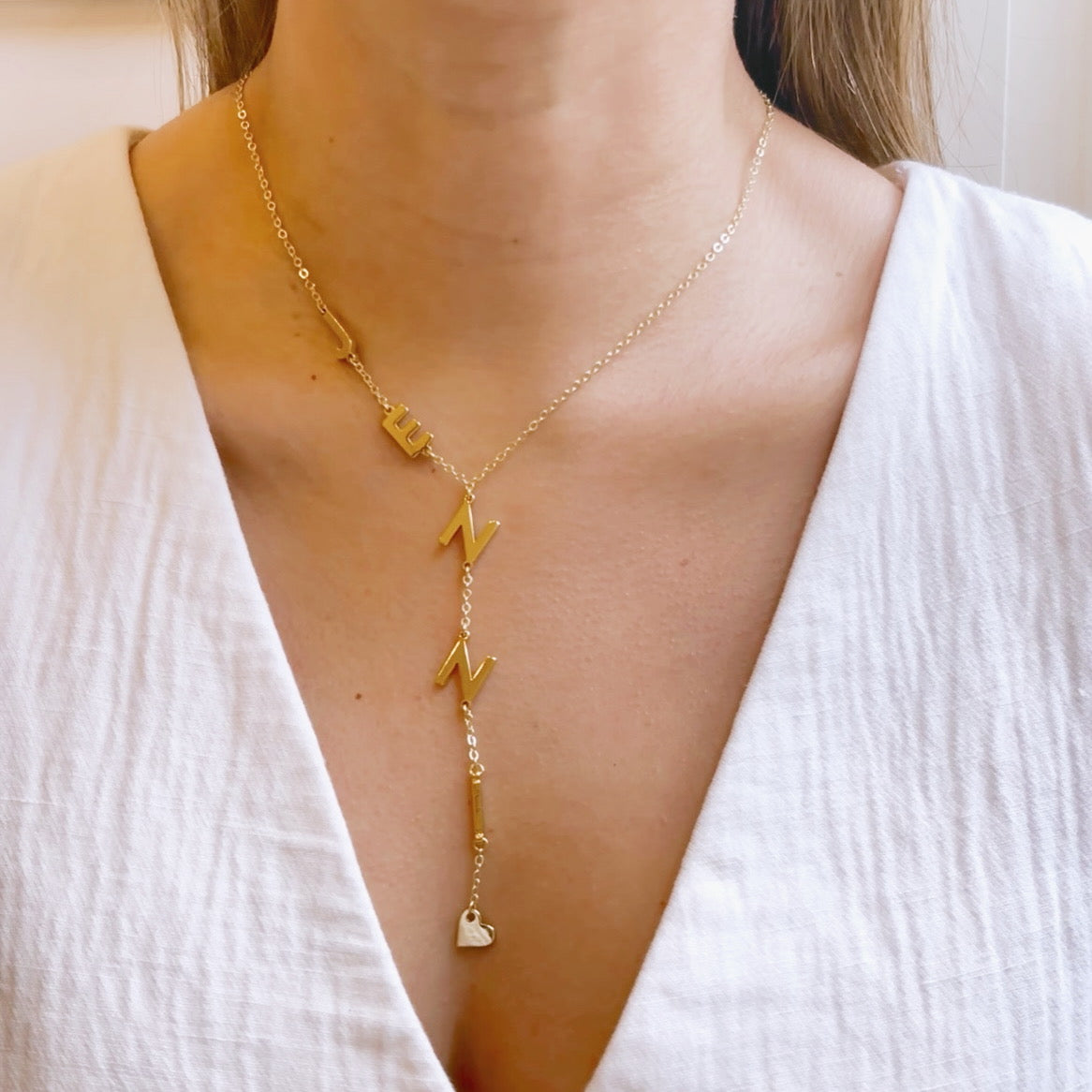 Custom Vertical Name Lariat Necklace – Handmade Gold Plated Over Brass