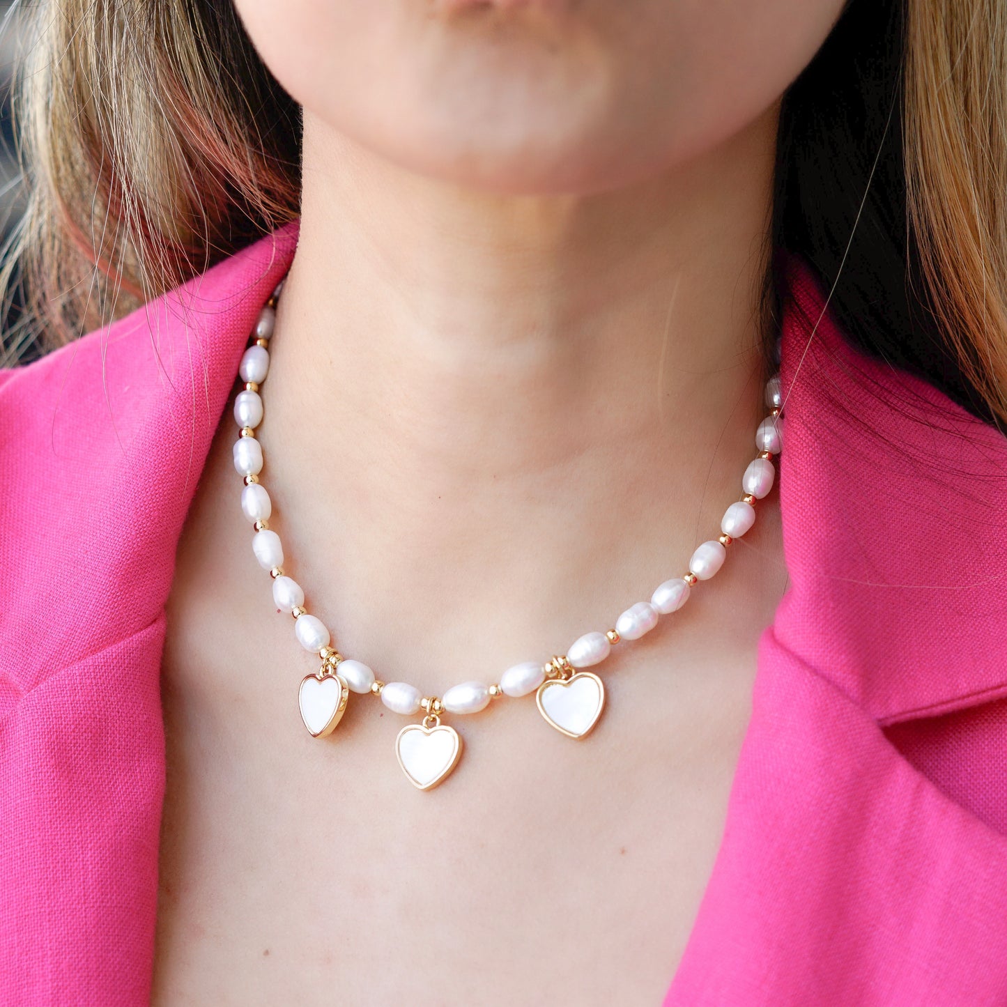 3 hearts pearls necklace