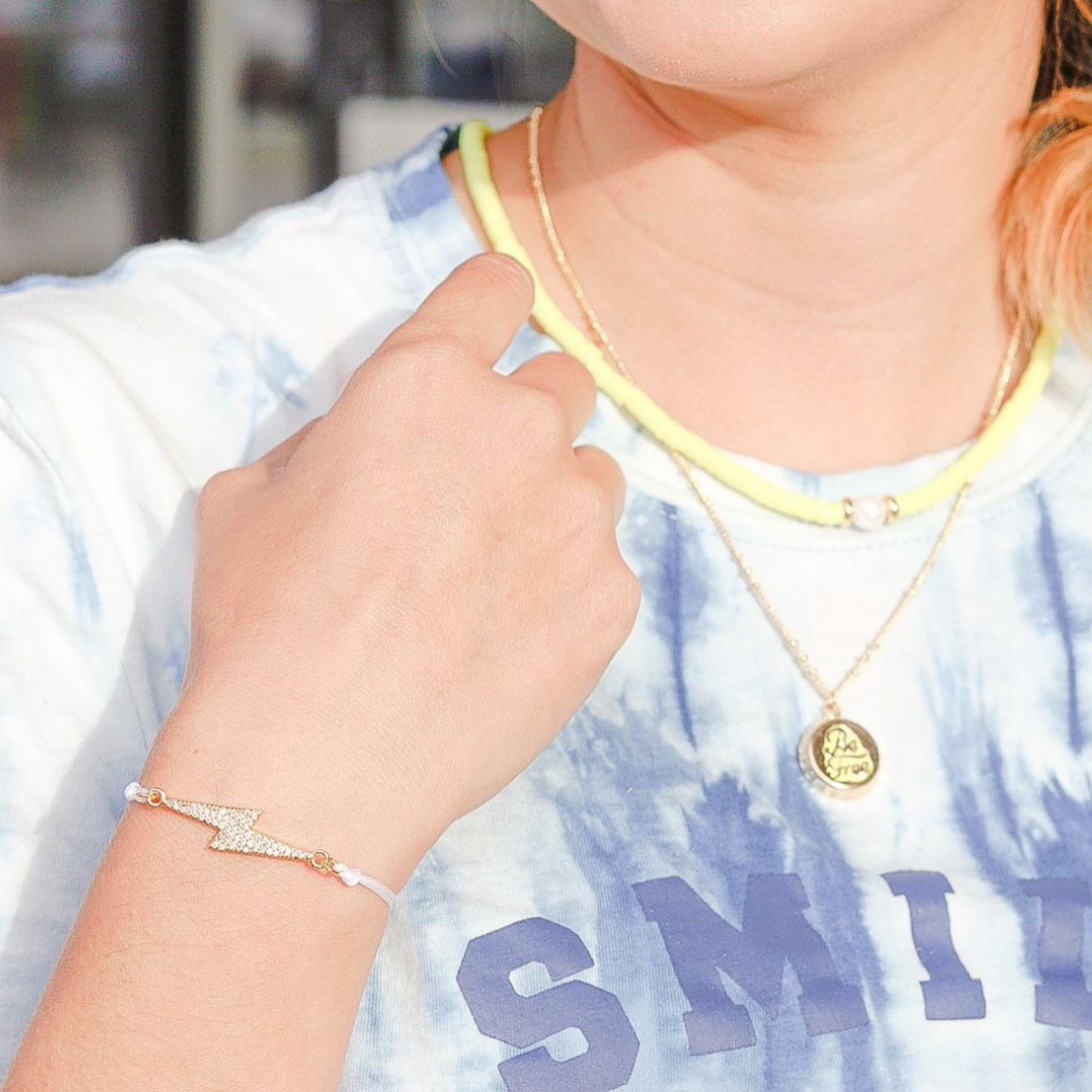 Lightning bolt, gold-plated over brass bracelet, puka pearl neon, be free necklacesISVI boutique