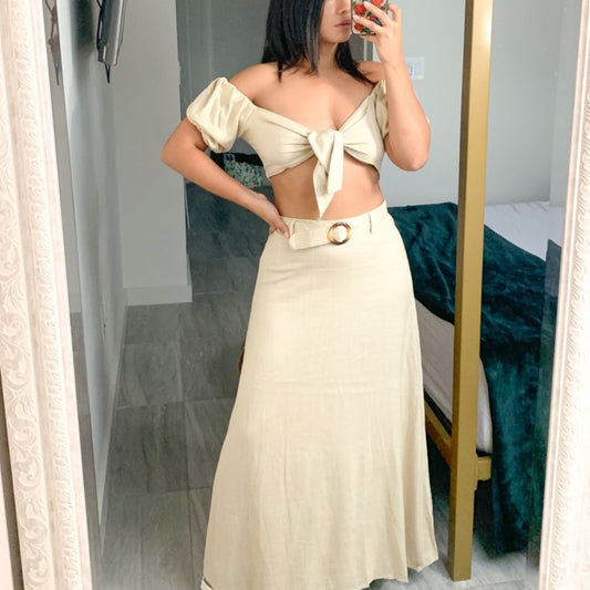 Julieta Set, high waist and long skirt set in Khaki color selected by ISVI Boutique, Miami