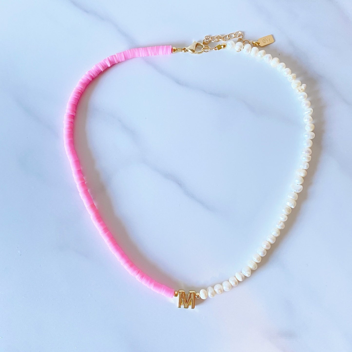 Pink Puka Pearl initial necklace, gold-plated, isvi boutique