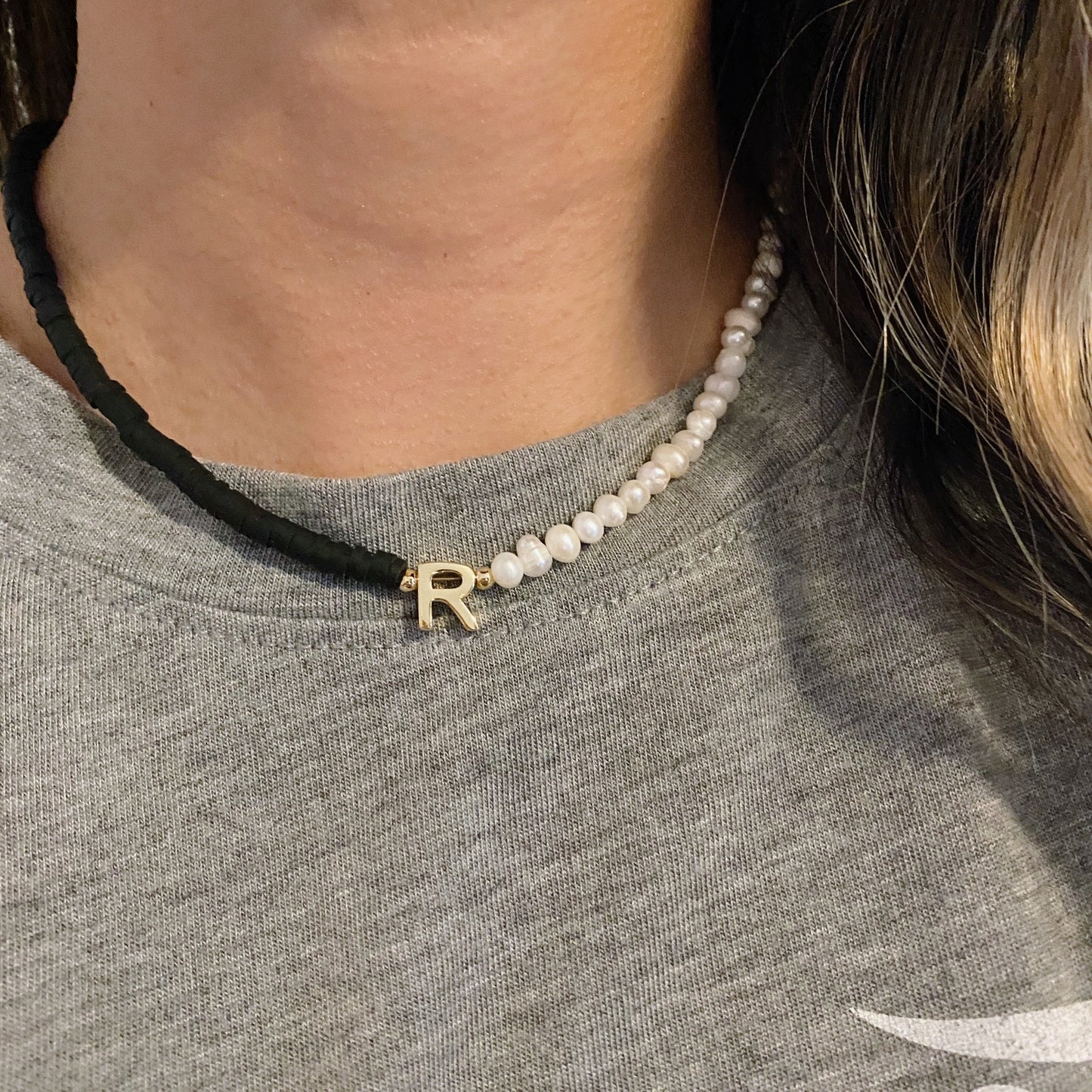 Black Puka Pearl initial necklace, gold-plated, isvi boutique
