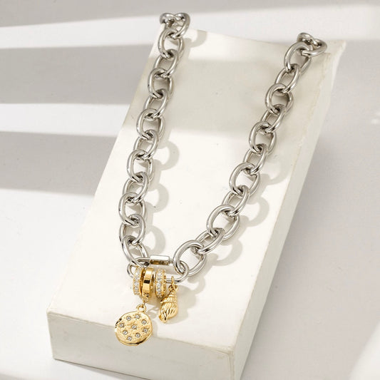 Alexa Chunky Charm Chain Necklace – Stainless Steel with Gold Accents