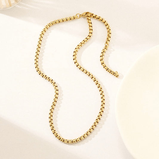 Gold Box Chain Necklace – Stainless Steel, Water-Resistant