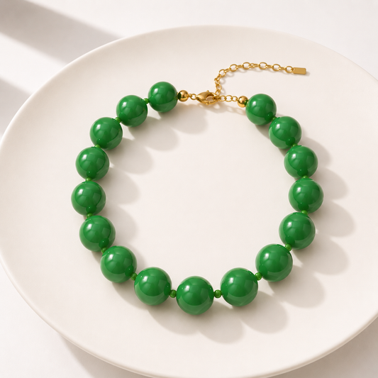 Green Statement Beaded Necklace – Agate & Gold Plated Details
