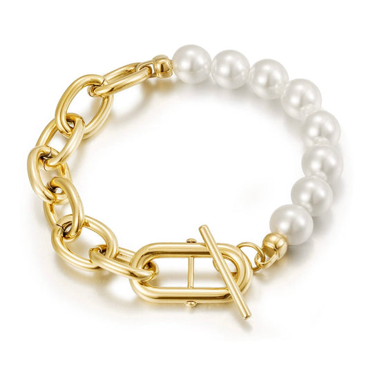 Chunky Stainless Steel Pearl & Gold Chain Bracelet