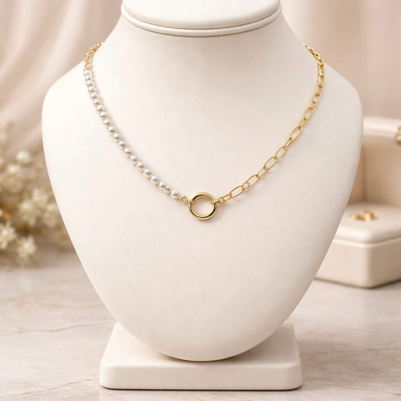 Pearl & Chain Mixed Necklace – Gold Stainless Steel Statement