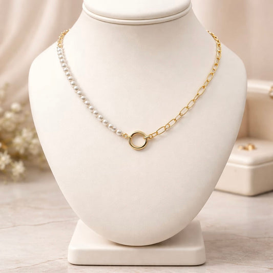 Pearl & Chain Mixed Necklace – Gold Stainless Steel Statement Necklace
