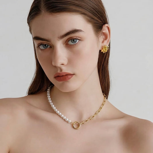 Pearl & Chain Mixed Necklace – Gold Stainless Steel Statement Necklace