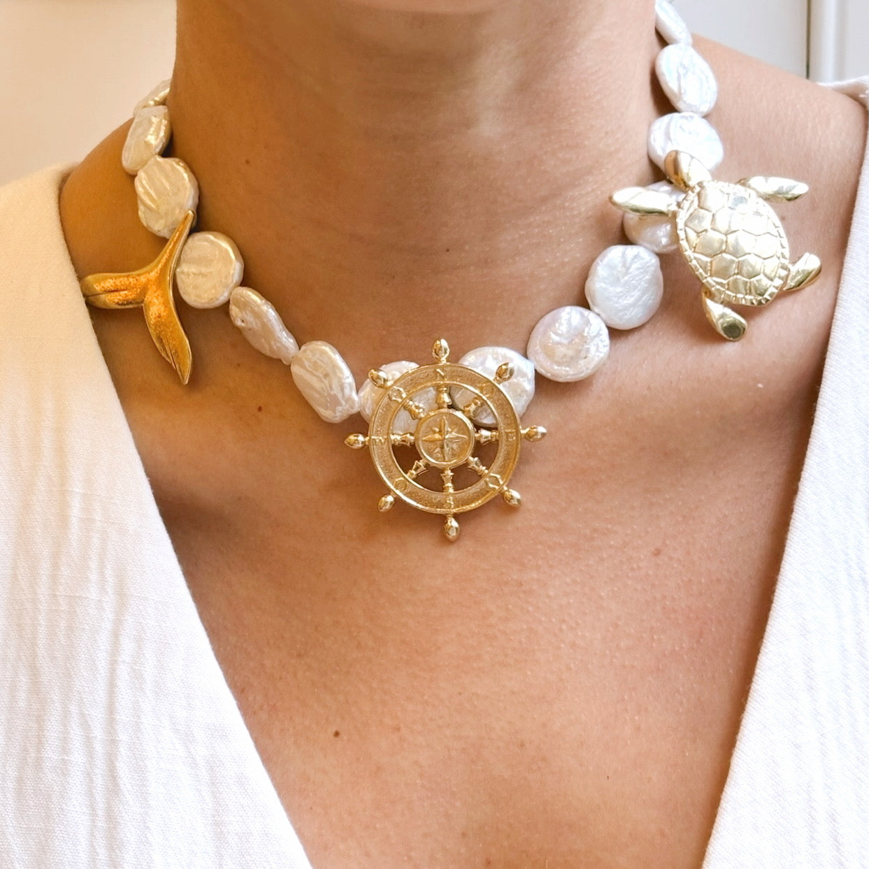 Nautical Charm Statement Necklace – Handmade with Freshwater Pearls & Gold-Plated Charms
