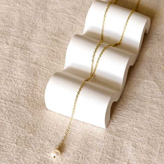 Kate Delicate Pearl Drop Lariat Necklace – Handmade Gold-Plated