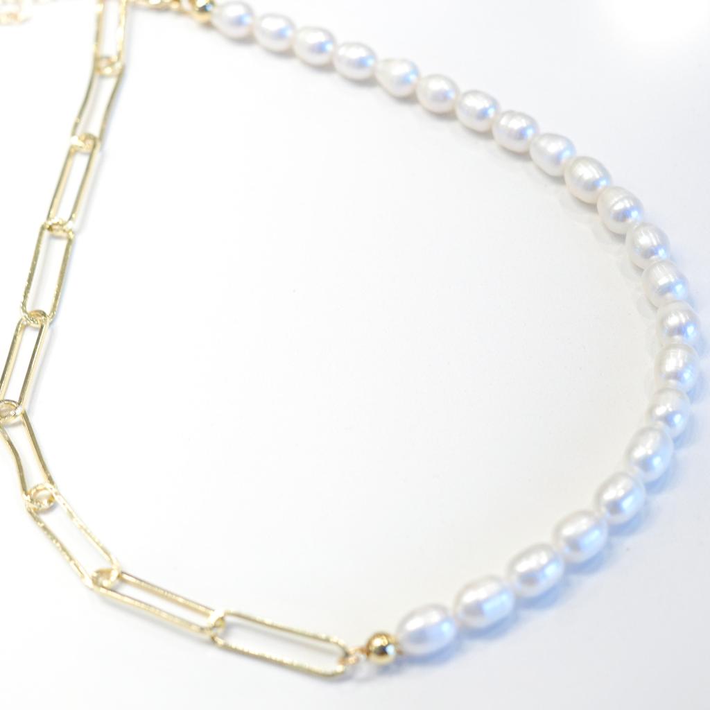 Half Pearls Half Paper Clip Necklace