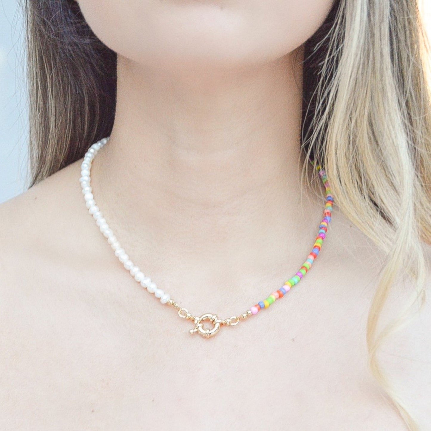Rainbow Beads Pearls Necklace, gold-plated over brass, handmade by ISVI Boutique with freshwater pearls, and multicolor plastic beads. 14” length and 2” extender.