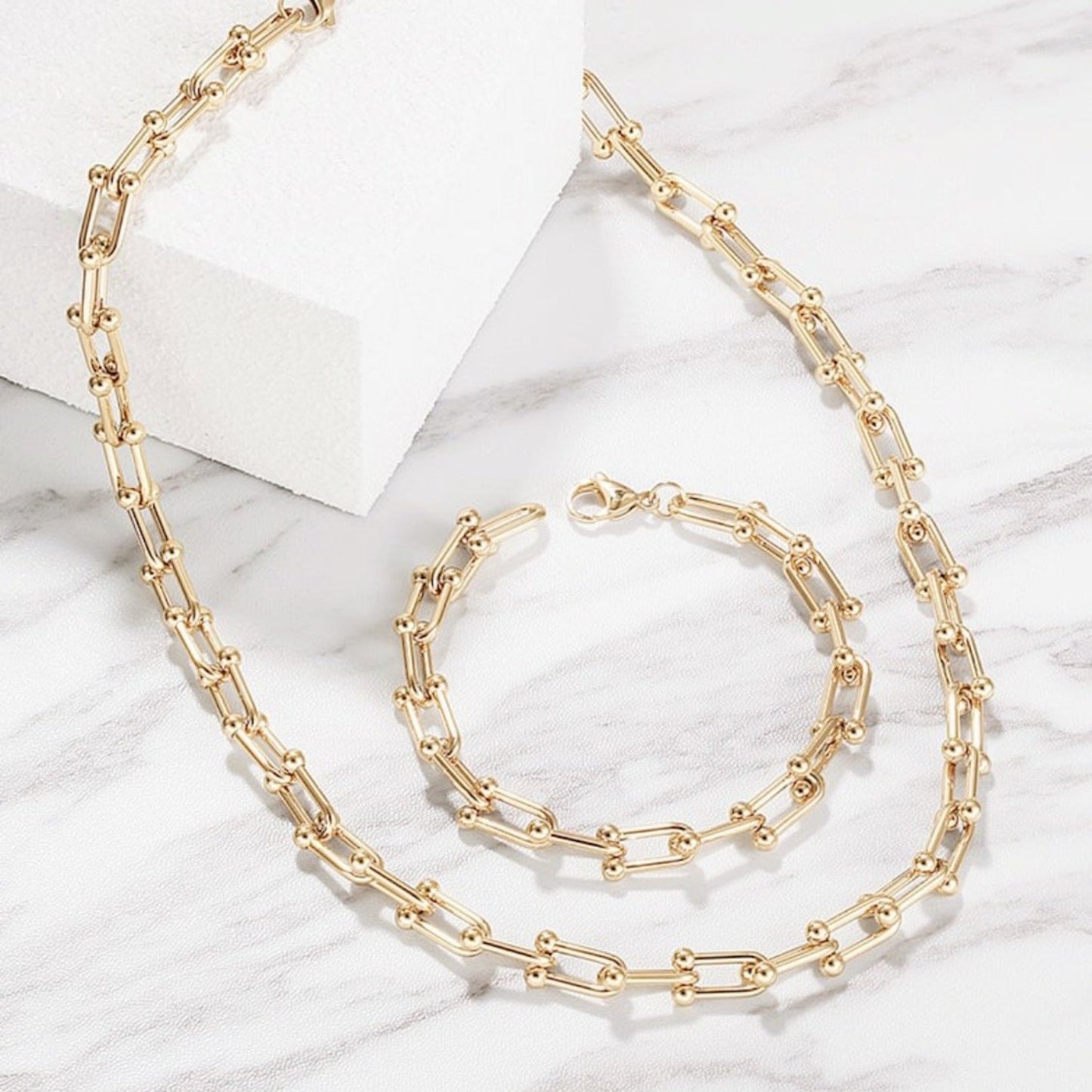 U link bracelet & necklace, gold-plated over stainless steel, isvi boutique