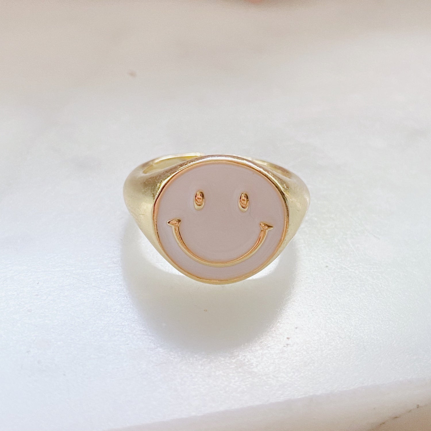 pink enamel happines ring, adjustable ring, gold-plated ring, isvi boutique